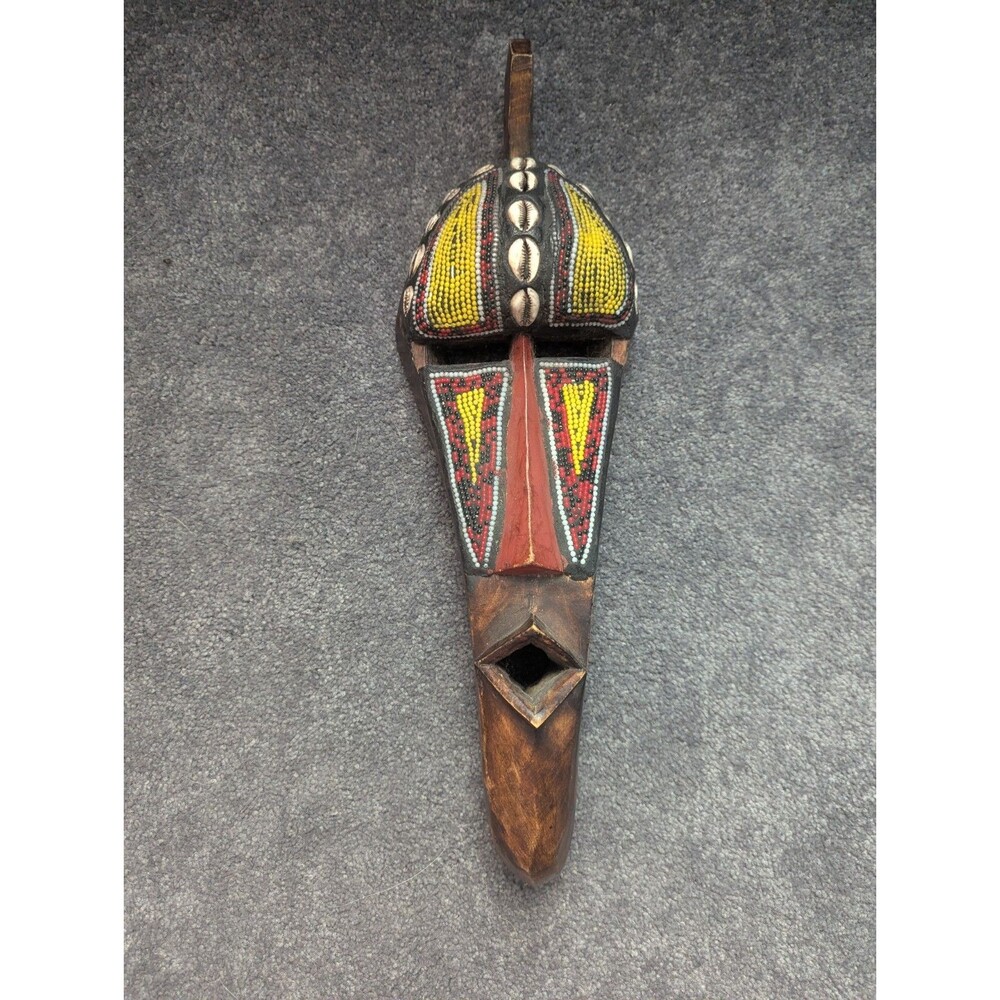 Vintage AFRICAN TRIBAL MASK Hand Carved Wooden Spirit Figure with Cowry Beads